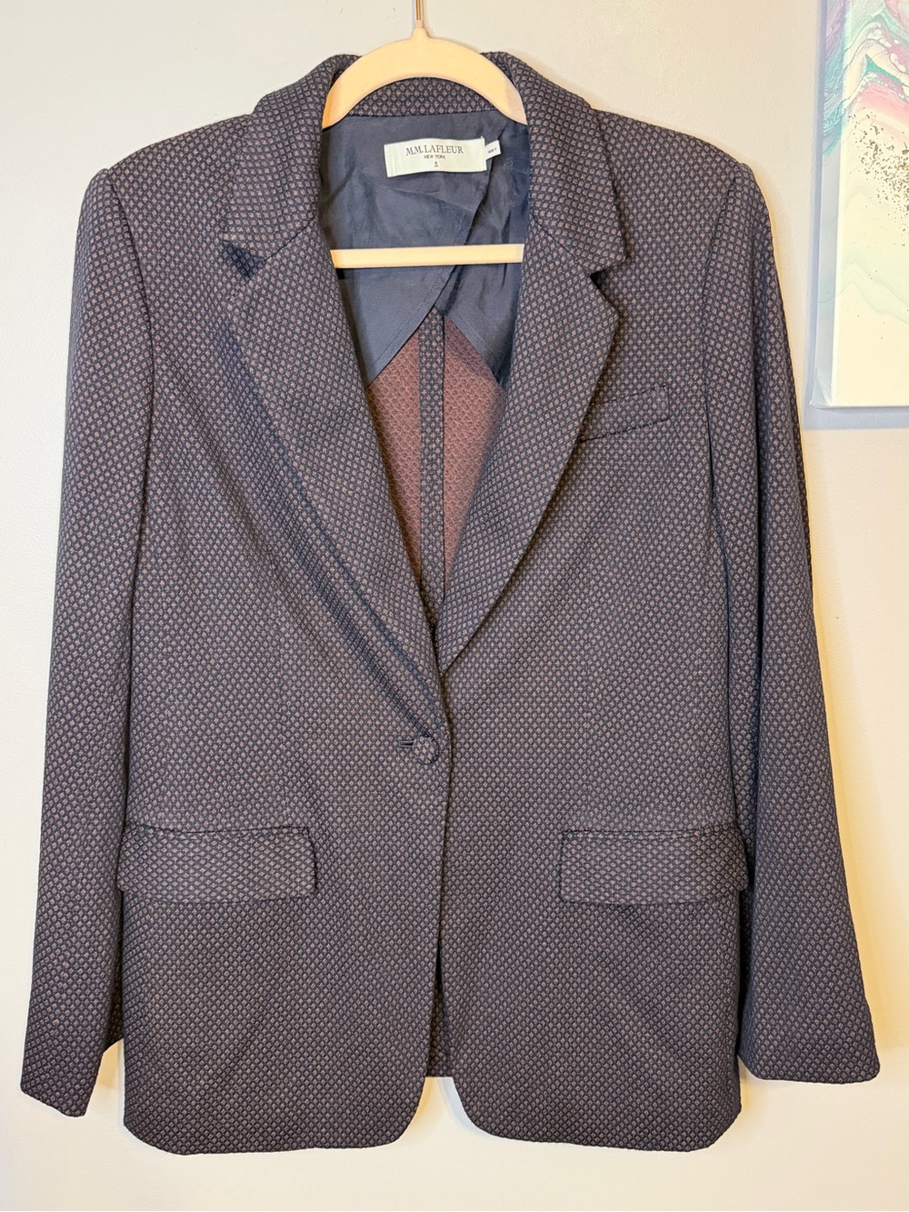 LaFleur Woolf Single Button Blazer Geometric Knit Textured Size 8 Luxury